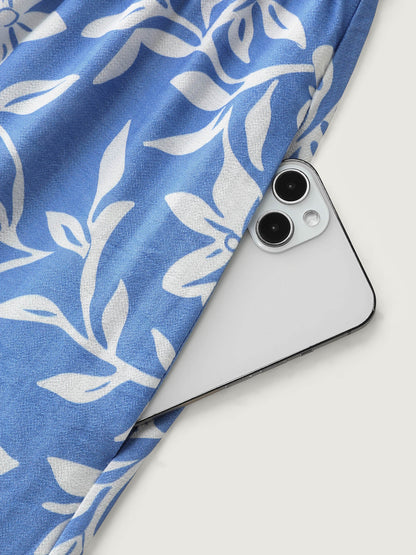 Silhouette Flower Print Shirred Pockets Midi Dress
