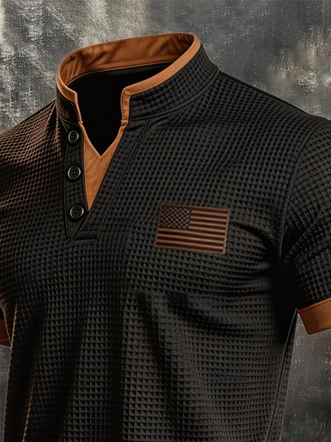Men's Retro Knitted Waffle-Knit Double-Layer Contrast T-Shirt