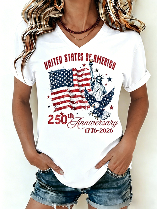 🔥Buy 3 Get 10% Off🔥Women's 1776-2026 Statue of Liberty Anniversary Eagle Print V-neck T-shirt