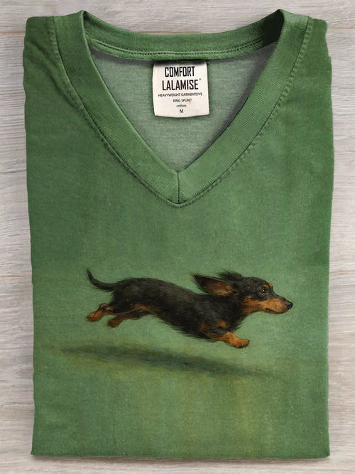 Funny Cute Running Dachshund Art Print V-neck Casual T-shirt