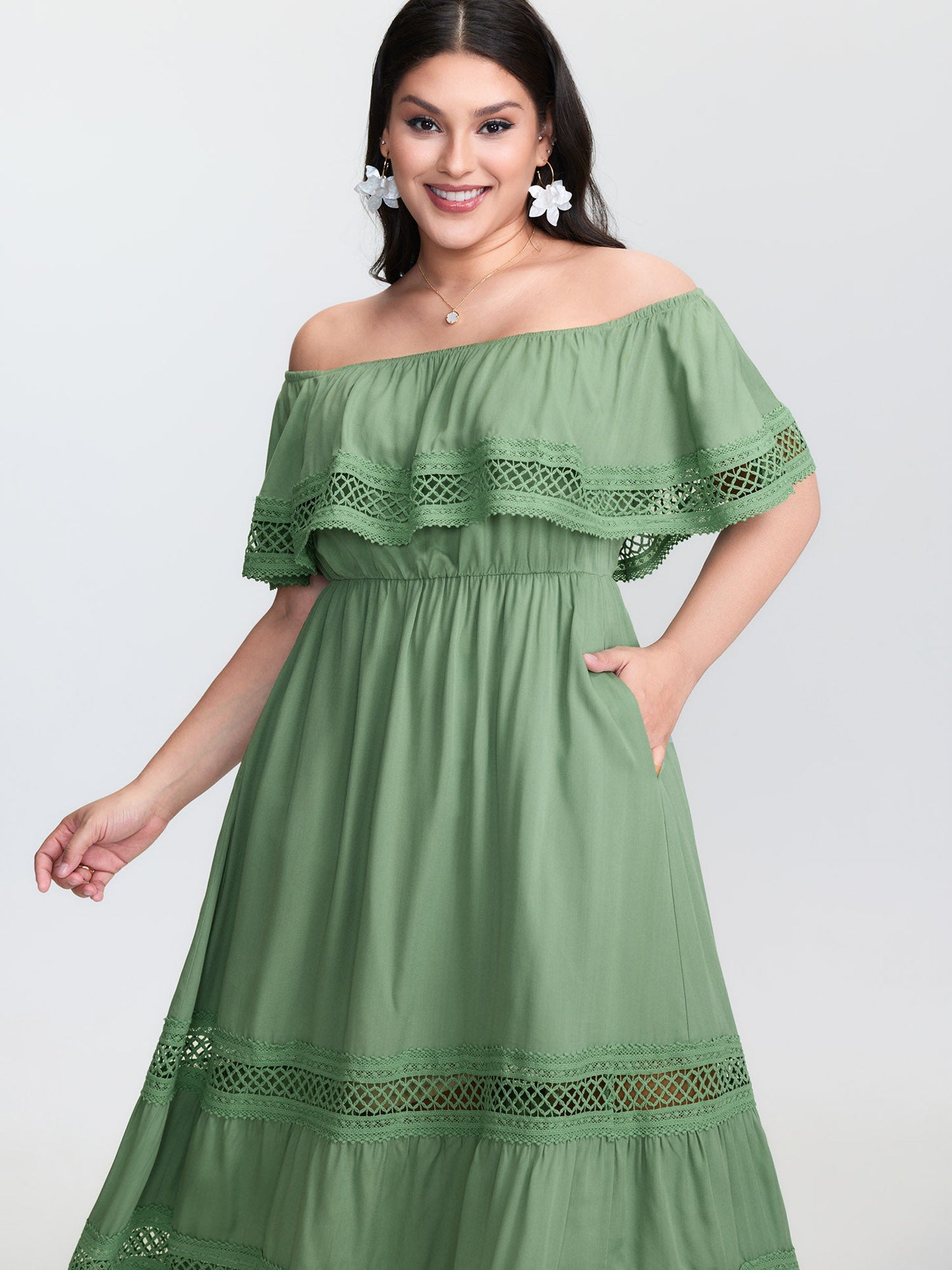 Off-Shoulder Stretchy Waist Lace Trim Maxi Dress