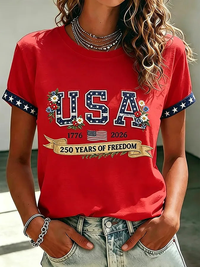 Women's 250 Years Of Freedom Flower Art Print T-shirt