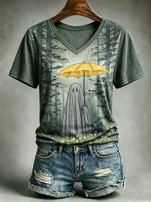 Women's Vintage Spider Art V-neck Short Sleeve Linen T-shirt