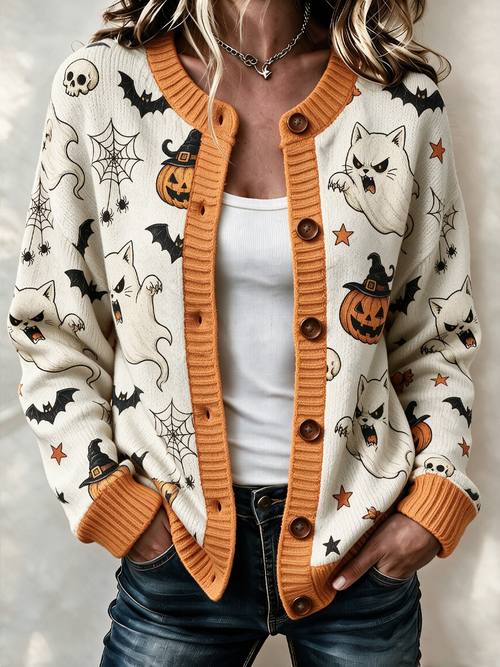 Women'S Halloween The Meow-Ween Ghost Knitted Cardigan Top