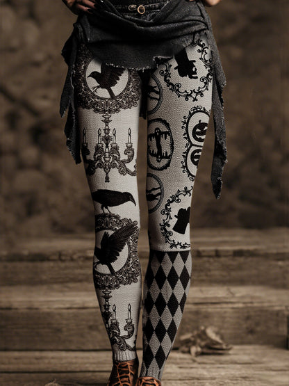 Women's Vintage Medieval Crow and Pumpkin Print Pants