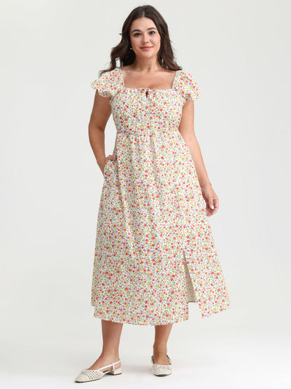 Pure Cotton Adjustable Neckline Floral Midi Dress