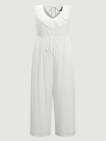 Ruffled Neckline Open Back-Tie Jumpsuit
