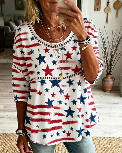 250th Anniversary Colorful Little Star Print Round Neck Blouse