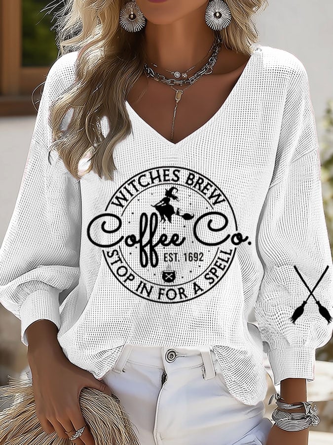 Women's Halloween Witches Brew Coffee Print Casual Puff Sleeve Top