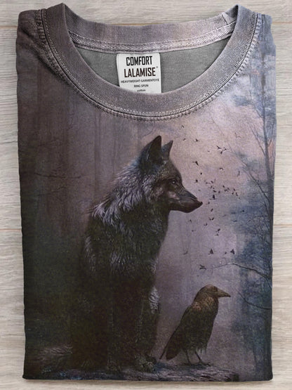 Funny Dark Wolf And Crow Art Print Casual Cotton Short Sleeve T-shirt