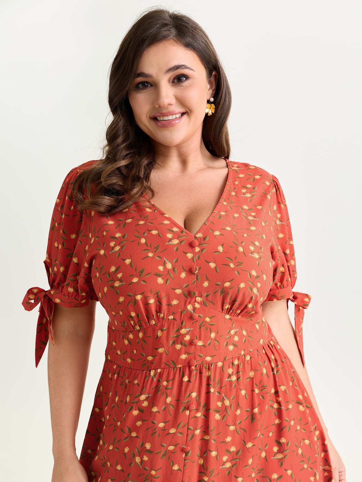 Micro Floral Print Sleeve Tie Midi Dress