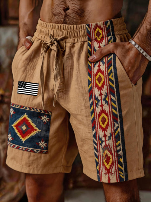 Men's Casual Vacation Cotton-Linen Color-Block "Patriot" Drawstring Shorts