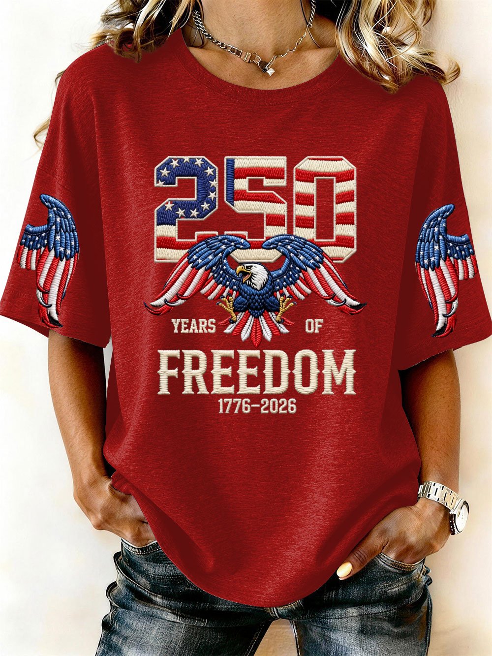 Women’s USA 250th Anniversary Embroidered Print Crew Neck Short Sleeve T-Shirt