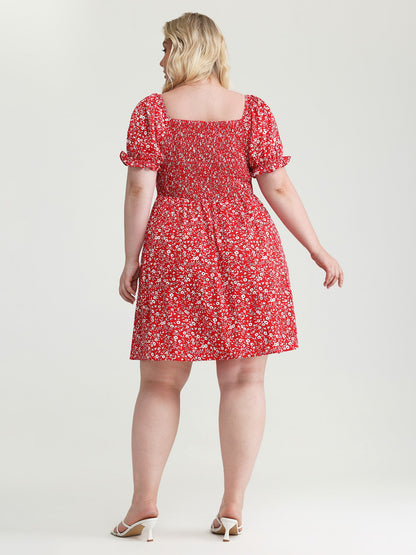 Micro Floral Print Shirred Bow-Tie Mini Dress