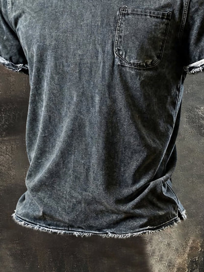 Men'S Vintage Pure Cotton Washed Crew-Neck Short-Sleeve T-Shirt With Distressed Details