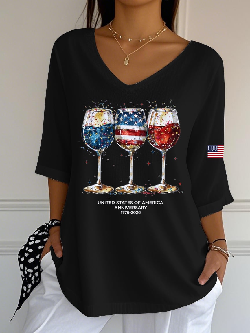 Women's American Flag Red Wine Glasses Celebrate Casual V-Neck T-Shirt