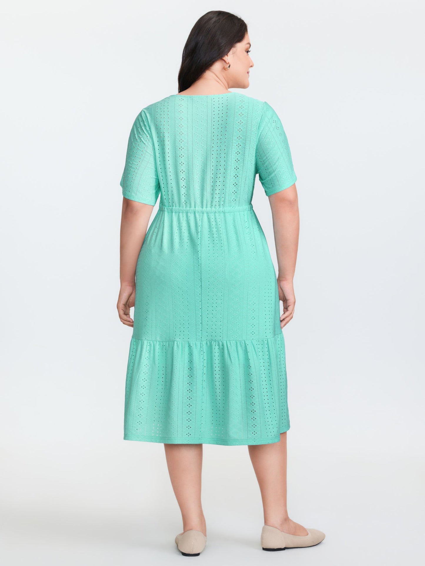 Stretchy Eyelet Textured Petal Sleeve Midi Dress