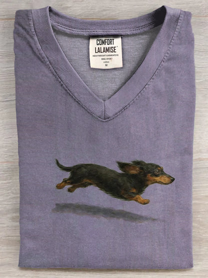 Funny Cute Running Dachshund Art Print V-neck Casual T-shirt