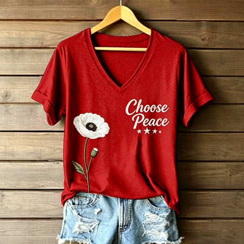 Women's Memorial Day Poppy Art Printed T-Shirt