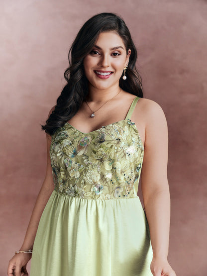 Sequin Floral Embroidered Satin Slit Hem Midi Dress