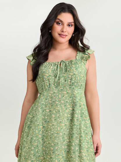 Floral Print Bustier Drawstring Midi Dress