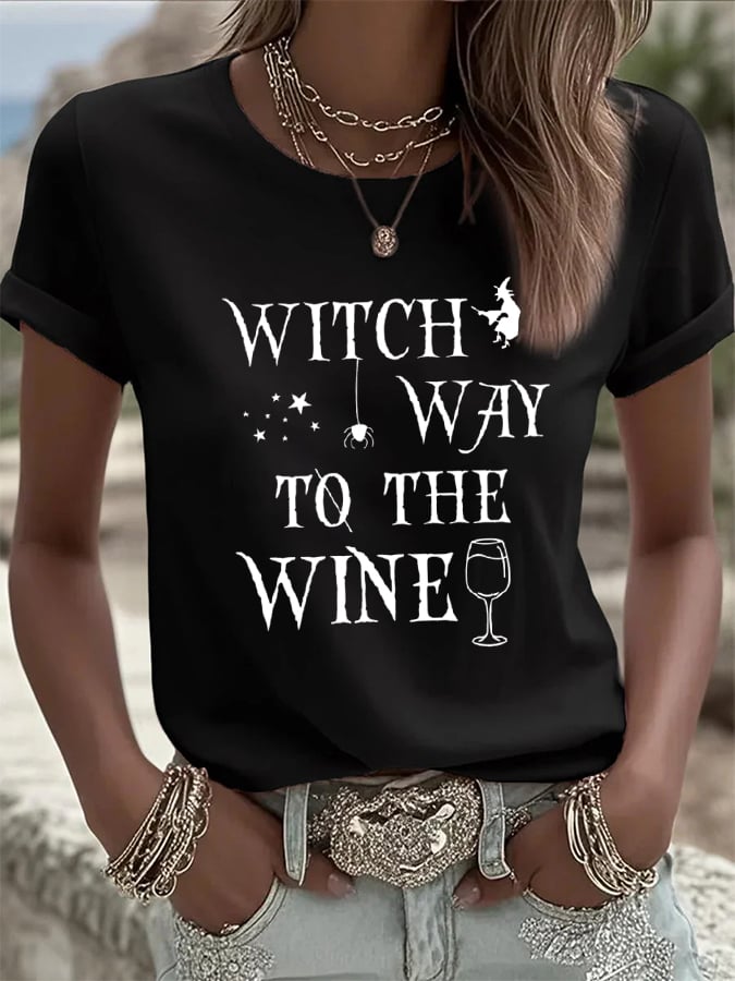 🔥HOT SALE🔥Women's Witch Way To The Wine Print Casual T-shirt