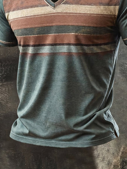 Men'S Retro Pure Cotton Short-Sleeve T-Shirt With Contrast-Color V-Neck And Print