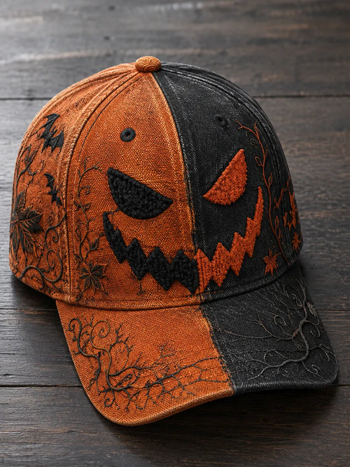 Vintage Jack-O’-Lantern Halloween Baseball Cap – Orange & Black Washed Gothic Hat