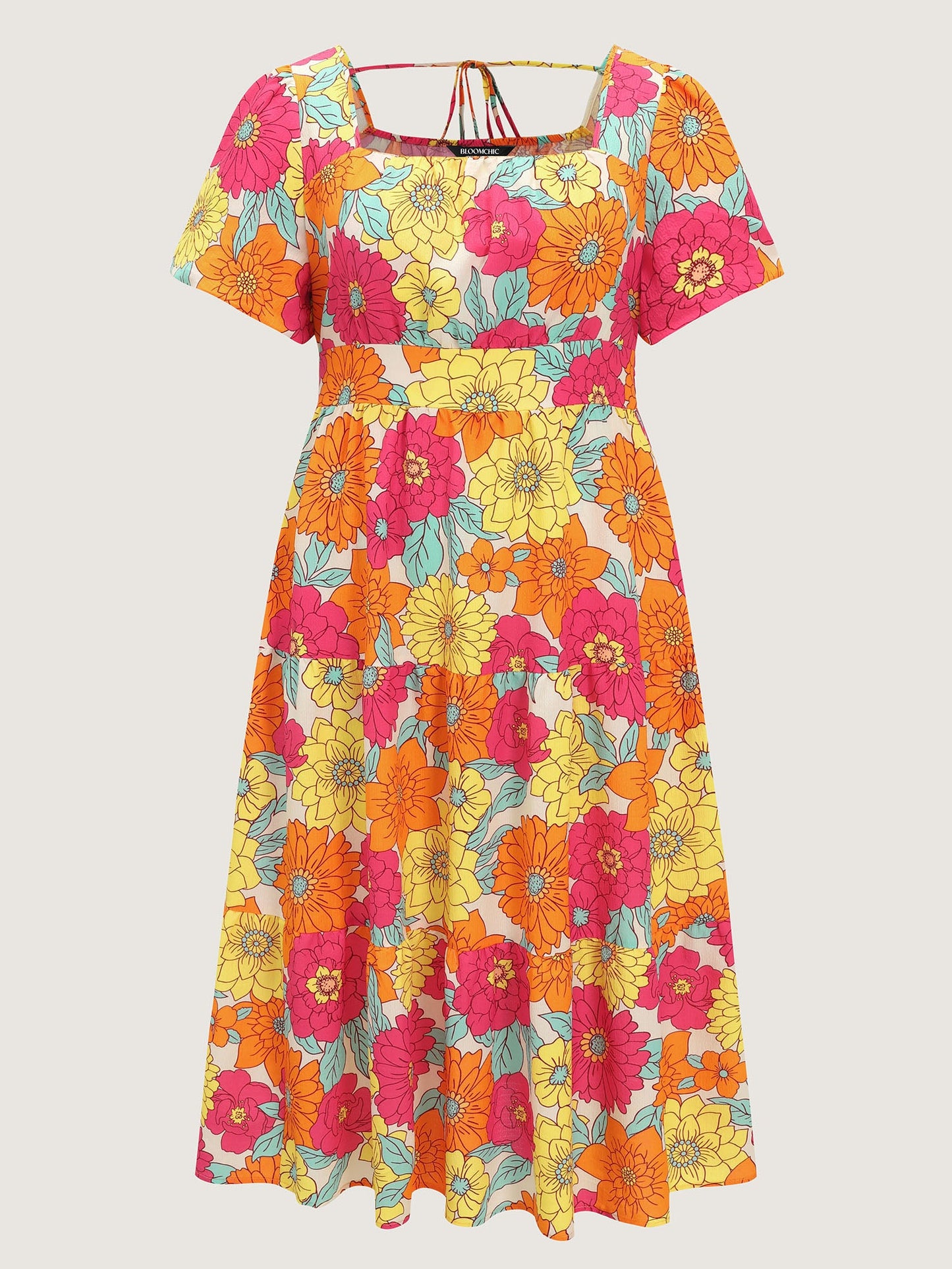 Bright Floral Print Shirred Midi Dress