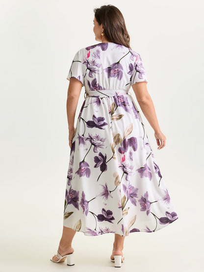Large Floral Print Waist-Defining Midi Dress