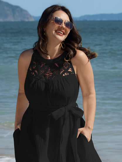 Cotton Sheer Lace Neckline Waist-Tie Maxi Dress