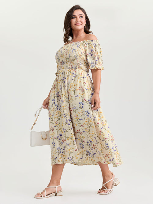 Vanilla Print Shirred Off-Shoulder Midi Dress