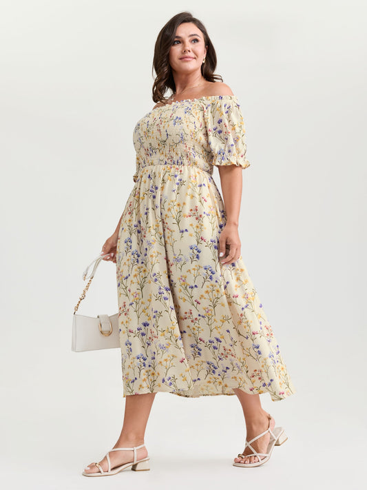 Vanilla Print Shirred Off-Shoulder Midi Dress