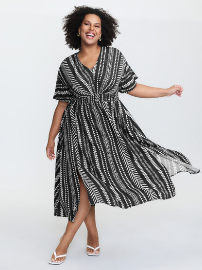 Solid Geometric Dolman Sleeve Pocket Shirred Split Hem Dress