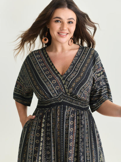 Striped Contrast Dolman Sleeve Shirred Pocket Split Flutter Dress