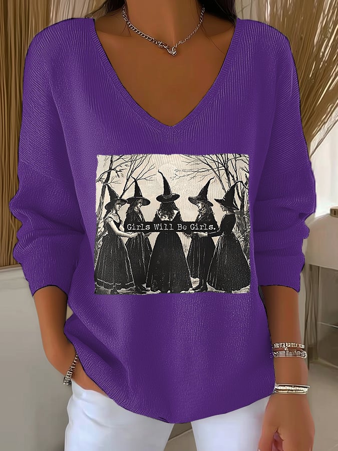 🔥Buy 2 Get 10% Off🔥Women's Vintage Girls Will Be Girls Witch Print V Neck Sweater