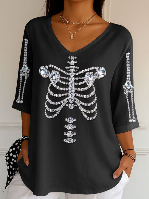 Women's Halloween Diamond Skeleton Print Short Sleeve T-shirt