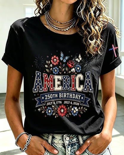 100% Cotton Women's America 250 1776-2026 Freedom Faith Crew Neck Short Sleeve Tshirt