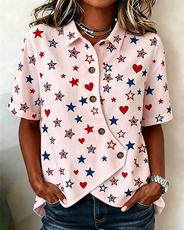 250th Anniversary Star Print Lapel Button-Down Short-Sleeved Shirt