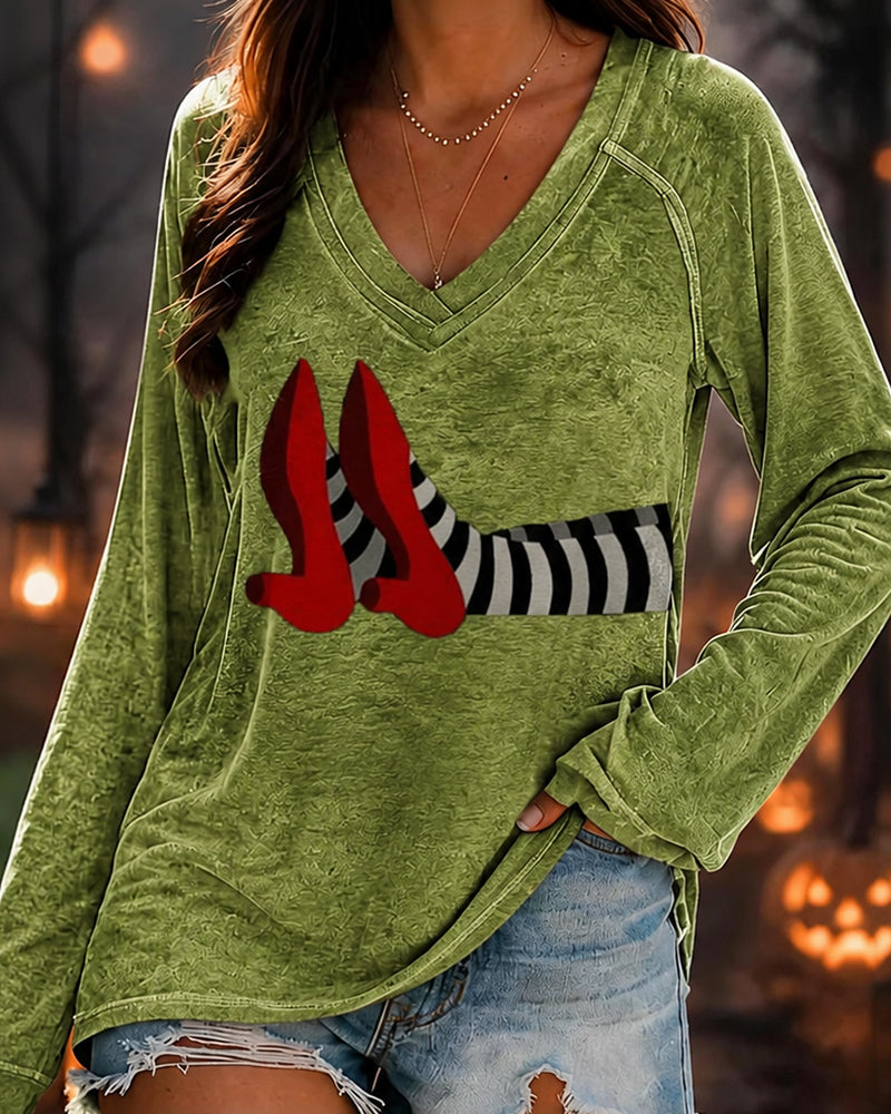 Women’s Halloween-Printed V-neck Long-sleeved T-shirt