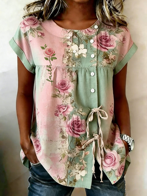 Women's Retro Floral Print Crew Neck Top