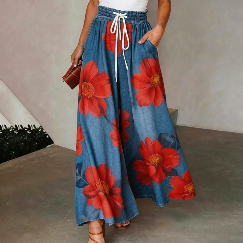 Women's "Red Friday" Poppy Print Casual Wide-Leg Pants