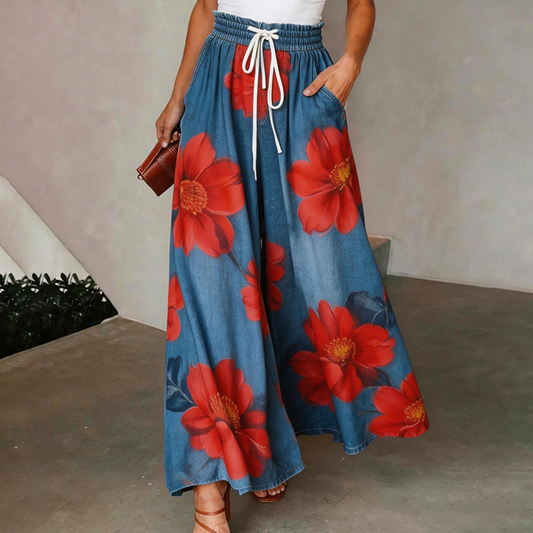 Women's "Red Friday" Poppy Print Casual Wide-Leg Pants
