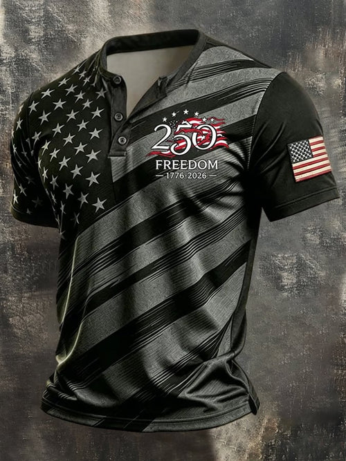 Men's Retro Patriotic Color-Block Short-Sleeve Henley Shirt