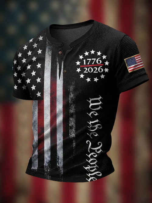 Men's Retro Flag Print Waffle Button T-Shirt