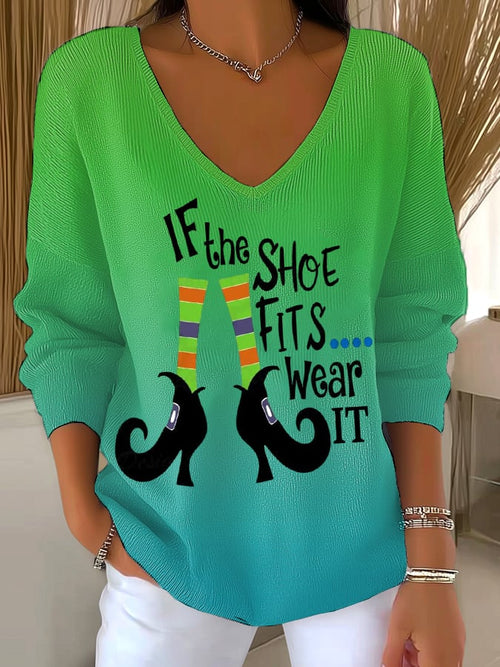 🔥HOT SALE🔥If The Shoe Fits, Wear It Halloween Witch Print Women's Drop Shoulder Sweater