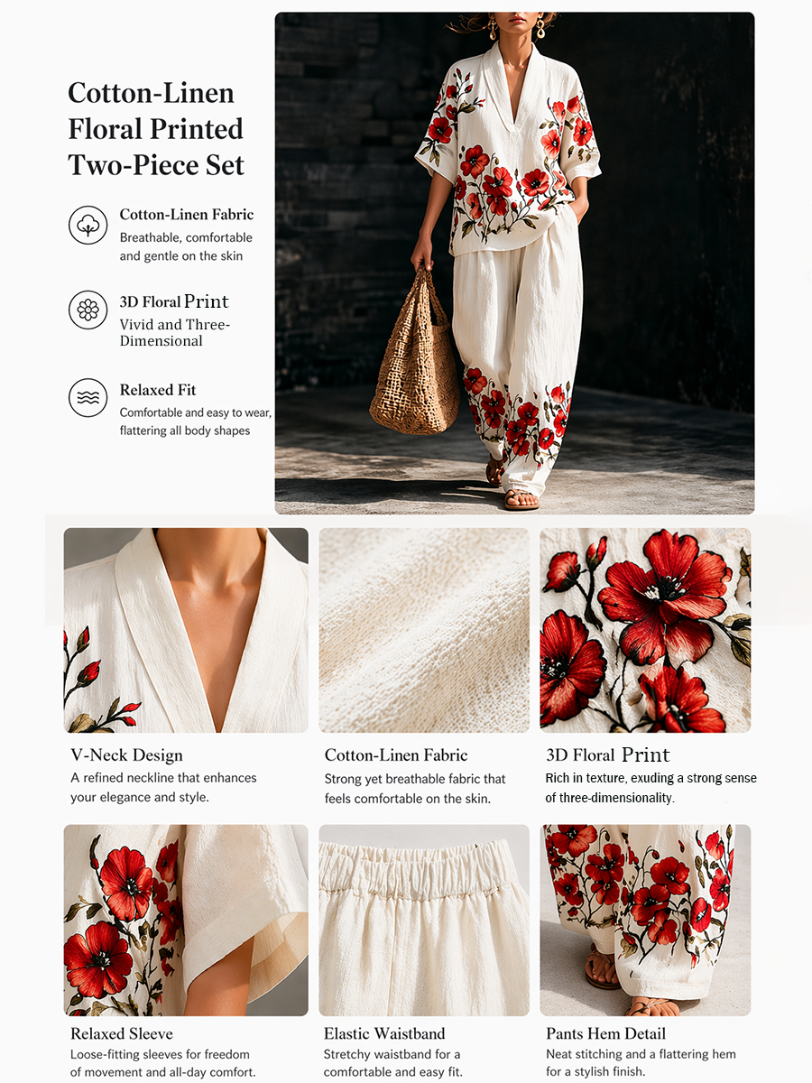 Women's "Memorial Day" Poppy Print Casual Linen Two-Piece Set