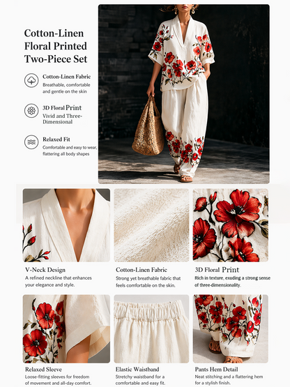 Women's "Memorial Day" Poppy Print Casual Linen Two-Piece Set