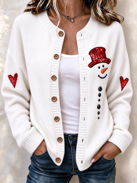 Women's Christmas Snowman Print Knit Cardigan