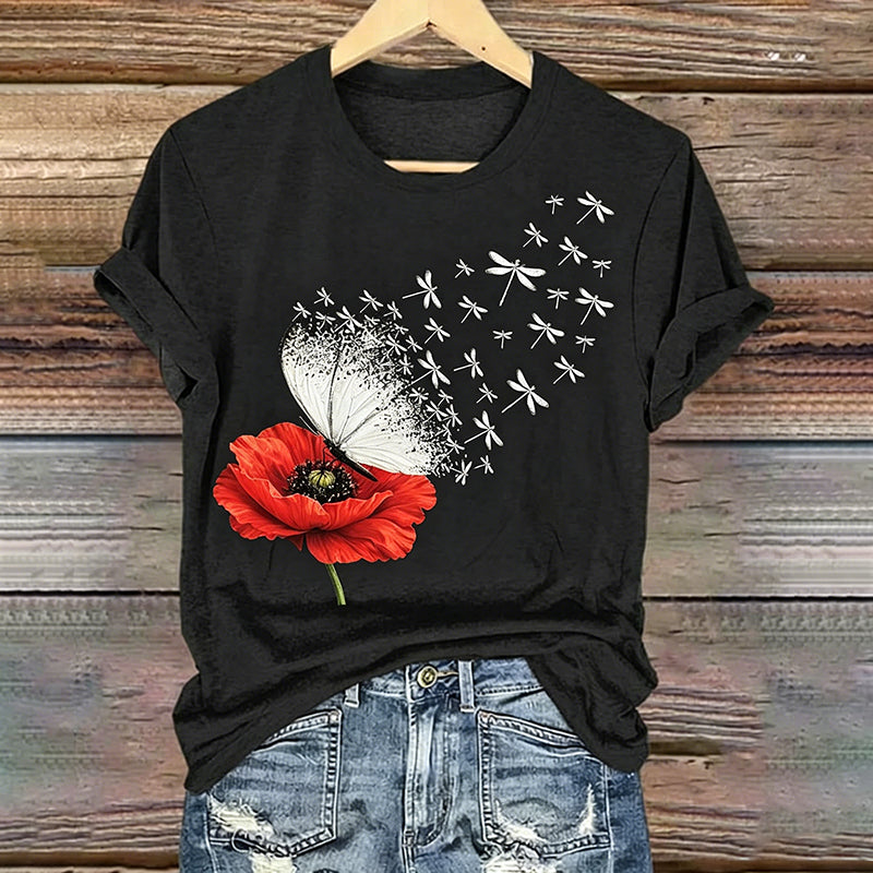 Women's Memorial Day Poppy Art Printed T-Shirt